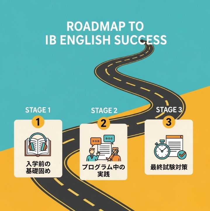 IB英語成功への学習ロードマップ。道筋に沿って「入学前の基礎固め」「プログラム中の実践」「最終試験対策」という3つの学習段階がアイコン付きで示されており、ステップアップしていく過程を視覚的に表現。