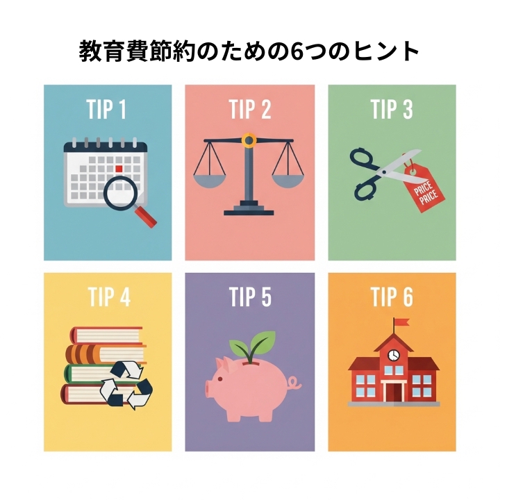 IBDP費用を節約する6つのアドバイスのインフォグラフィック。虫眼鏡（情報収集）、天秤（学校比較）、ハサミ（費用削減）、リサイクル本（中古教材）、貯金箱（費用対効果）、学校の建物（公立校検討）のアイコンがカード形式で並んでいる。