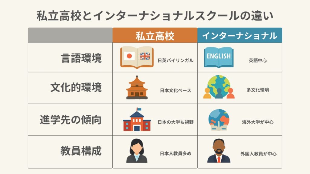主な私立高校とインターナショナルスクールの違い。言語環境、文化的環境、進学先の傾向、教員構成などをまとめた表