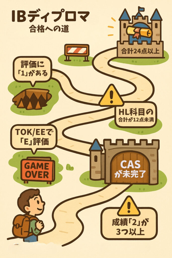 IBディプロマ取得への道のりをゲーム風に描いたインフォグラフィック。生徒がゴールである「IB Diploma」にたどり着くまでの道に、避けるべき落とし穴（ディプロマが取得できなくなる条件）が複数描かれている。「合計24点以上」という門の手前に、「評価に1がある」「HL科目の合計が12点未満」「TOKやEEでE評価」「CASが未完了」といった条件が障害物として示されている。