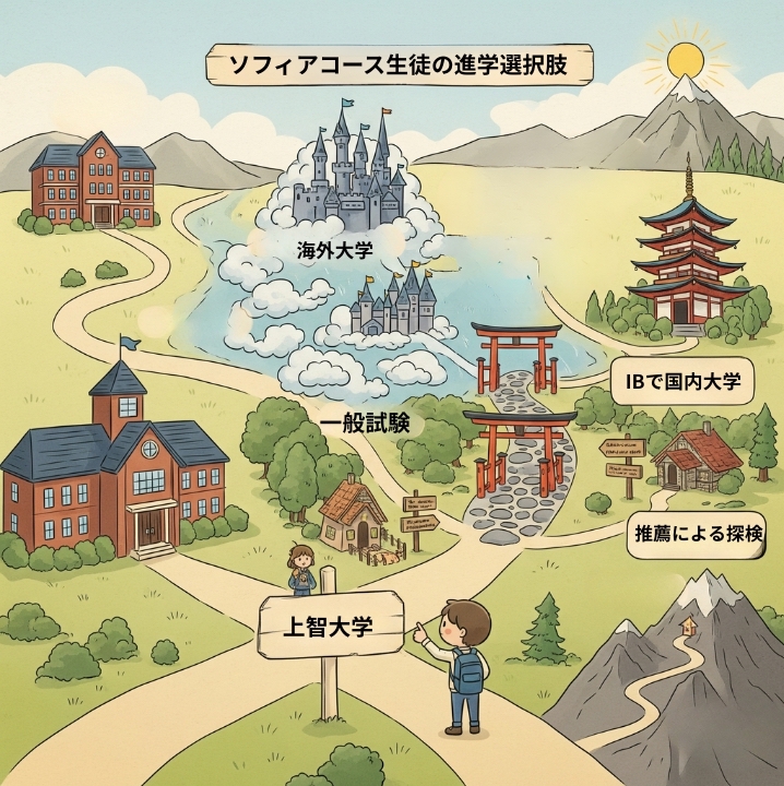 ソフィアコース生の進路をストーリー調のイラストマップで表現したインフォグラフィック。サレジオ高校から始まる道の分岐点に生徒が立ち、正面の「上智大学への道」のほか、「海外大学への空の道」や「国内IB入試の石畳の道」など、多様な進路が冒険の旅のように描かれている。