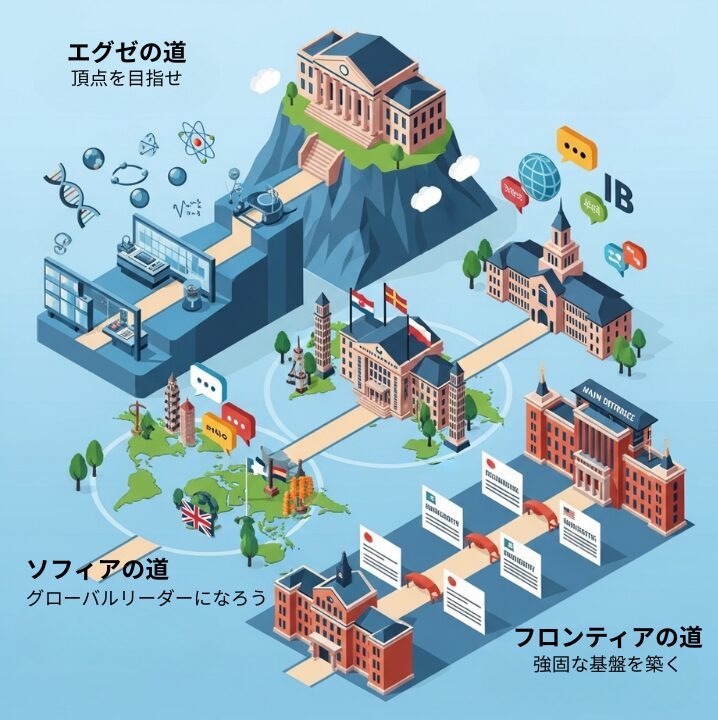 静岡サレジオ高校の３つのコース（エグゼ、ソフィア、フロンティア）を比較したインフォグラフィックのイラスト。エグゼコースは山頂の大学や研究所へ、ソフィアコースは世界地図の上を通り、フロンティアコースは複数の大学へ繋がる道として描かれ、それぞれの目標を示している。