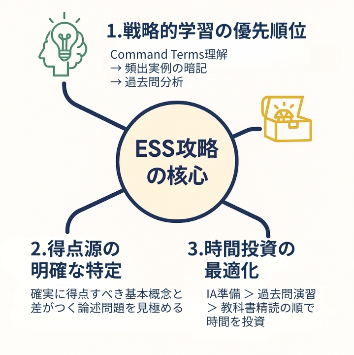 ESS攻略の3つの核心ポイント(戦略的学習の優先順位、得点源の明確な特定、時間投資の最適化)をそれぞれアイコンと短い説明文で強調するインフォグラフィック