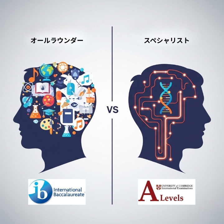 IBの「オールラウンダー」タイプとAレベルの「スペシャリスト」タイプの違いを、2つの頭のイラストで比較した画像。