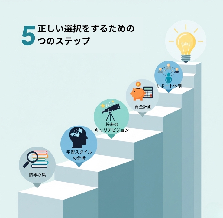 後悔しない選択のための5つのステップ(情報収集・自己分析・将来設計・費用・サポート)を表すインフォグラフィック。