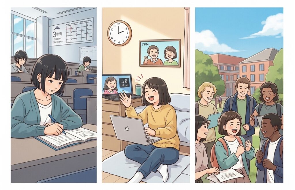オーストラリア留学のメリットを3つのパネルで描いたイラスト。左パネルでは日本人学生が大学で効率的に学ぶ様子、中央パネルでは時差が少ないため日本の家族とビデオ通話する様子、右パネルでは多様な国籍の友人とキャンパスで楽しそうに交流する様子が描かれている。