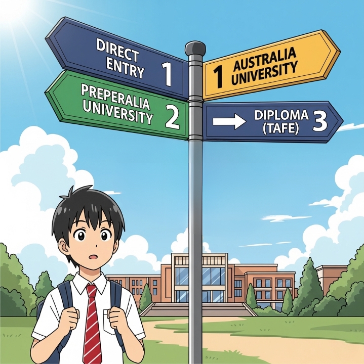 オーストラリアの大学への進学ルートを選ぶ日本人高校生のイラスト。学生は「直接入学」「ファウンデーションコース」「ディプロマ経由」と書かれた3つの方向を示す道しるべの前に立ち、期待に満ちた表情でどの道に進むか考えている。