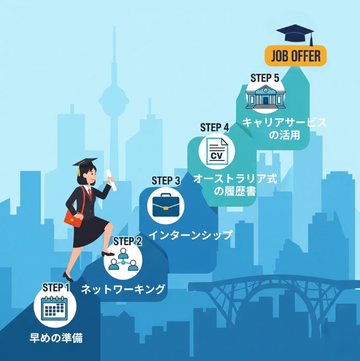 卒業生が大学から未来のキャリアを象徴する都市へと続く橋を架けている様子の比喩的なイラスト。「インターンシップ」や「ネットワーキング」といった就職活動の各ステップが橋の板として描かれ、キャリアセンターの職員がそれを手伝っており、計画的な就職活動が成功に繋がることを示している。