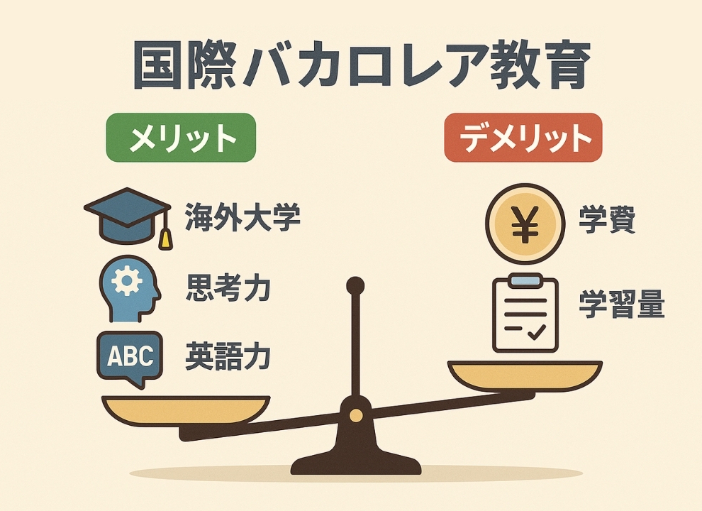 国際バカロレア教育のメリットとデメリットを示す天秤のイラスト。天秤の左の皿には「海外大学」「思考力」「英語力」を表すアイコンが乗っている。右の皿には「学費」「学習量」を表すアイコンが乗っている。左の皿が少し下がっている。