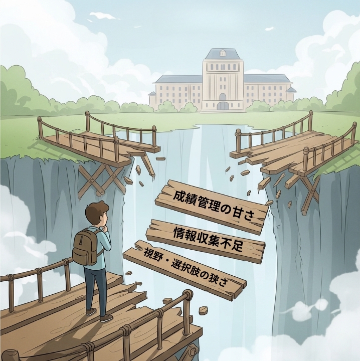 内部進学の準備不足を、途中で壊れた橋に例えた象徴的なイラスト。学生が目標の大学へ向かう橋を渡ろうとしていますが、「成績管理の甘さ」や「情報不足」が原因で橋が途切れており、困惑した表情で立ち往生している様子。