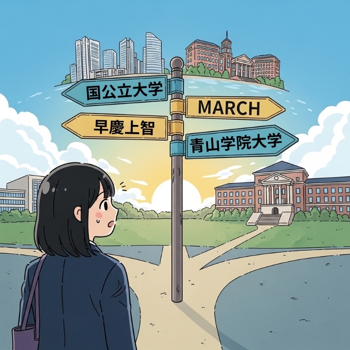 青山学院大学からの内部進学か、早慶上智・MARCH・国公立大学への外部受験か、進路の岐路に立って思案する高校生のイラスト。