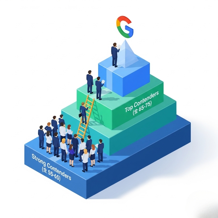 大学のレベルとGoogle就職の可能性を階層で表したイラスト。偏差値が高い大学ほど頂上のゴールに近く、下の階層からは努力を象徴する階段を登る必要があることを示している。