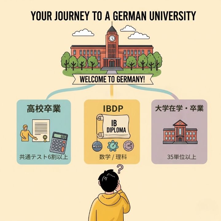 日本の学生がドイツの大学へ出願するための資格を学歴別に解説したルートマップ風のインフォグラフィック。高校卒業、国際バカロレア(IB)取得、大学在学・卒業という3つのルートで、それぞれ必要となる条件がイラストで示されている。
