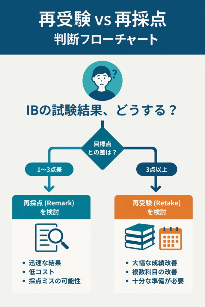 国際バカロレア(IB)の再受験と再採点のどちらを選ぶべきかを示す判断フローチャート。目標点との差が1-3点なら再採点、3点以上なら再受験を検討するという基準を図解しています。