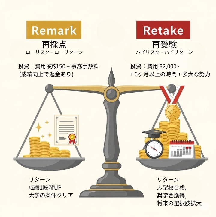 再採点と再受験の費用対効果を、投資とリターンを乗せた天秤で比較したインフォグラフィック。再採点はローリスク・ローリターン、再受験はハイリスク・ハイリターンな選択肢として描かれています。