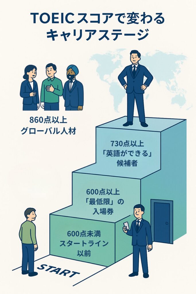 TOEICスコア別のキャリアステージを示した図解。スコアが上がるにつれて、600点未満の「スタートライン以前」から、600点台の「最低限の入場券」、730点以上の「英語ができる候補者」、860点以上の「グローバル人材」へとステップアップする様子が描かれている。