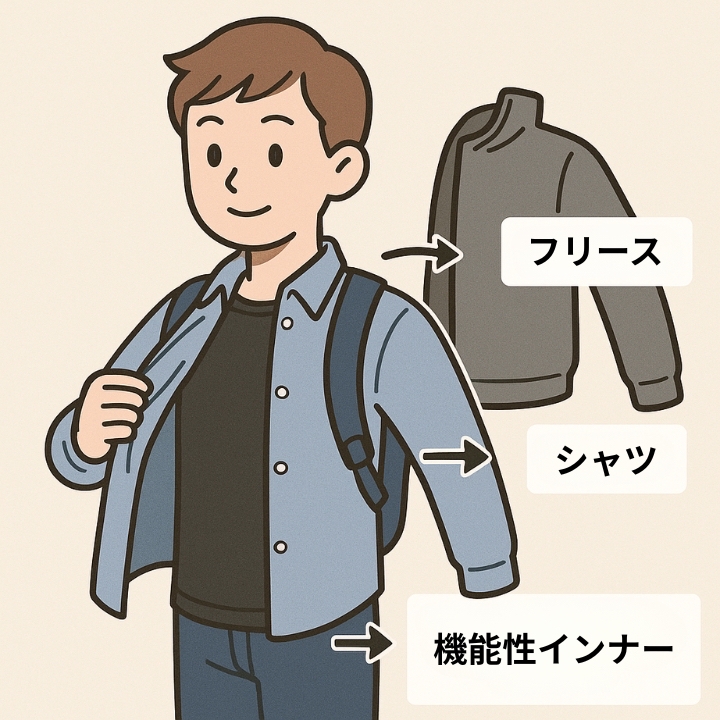 共通テストの服装における3層レイヤリング戦略の解説図。ベース層（機能性インナー）、中間層（シャツ）、外側層（フリース）の3枚を重ねる構造を視覚的に示している。