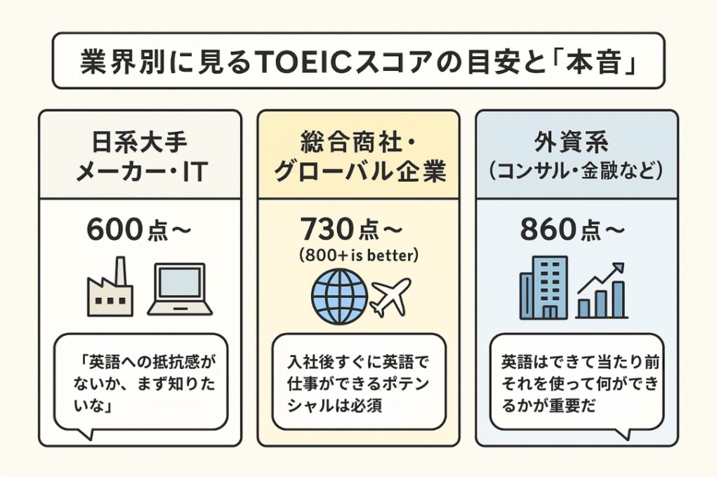 業界別に求められるTOEICスコアの目安と比較図。日系メーカー・ITは600点〜で「英語への抵抗感の確認」、総合商社・グローバル企業は730点〜で「即戦力ポテンシャルの確認」、外資系は860点〜で「英語はできて当たり前」という本音が示されている。