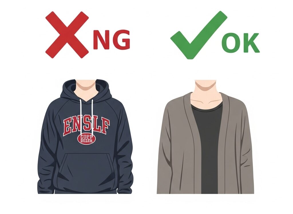 共通テストの服装でNGな例とOKな例を比較するインフォグラフィック。NG側は英字ロゴの入ったパーカーに赤いバツ印。OK側は無地の前開きカーディガンに緑のチェックマークが付いている。