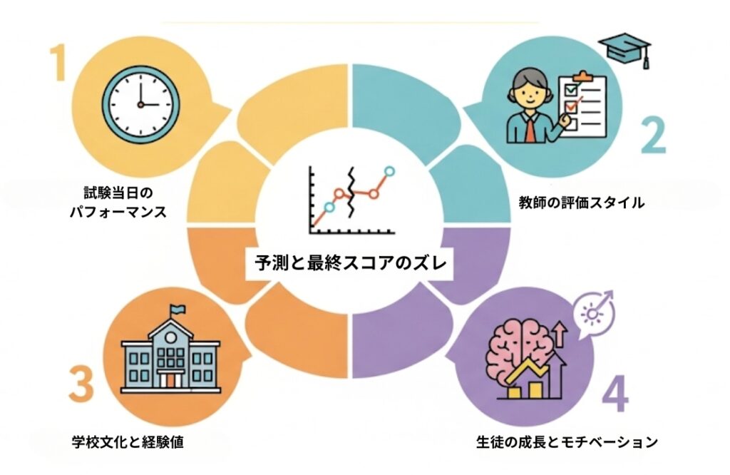 IBの予測スコアと最終スコアがズレる4つの主な理由を示すインフォグラフィック。中央の「スコアのズレ」というテーマから、「試験当日のパフォーマンス」「教師の評価スタイル」「学校文化と経験値」「生徒の成長とモチベーション」の4つの要因が枝分かれして示されている。