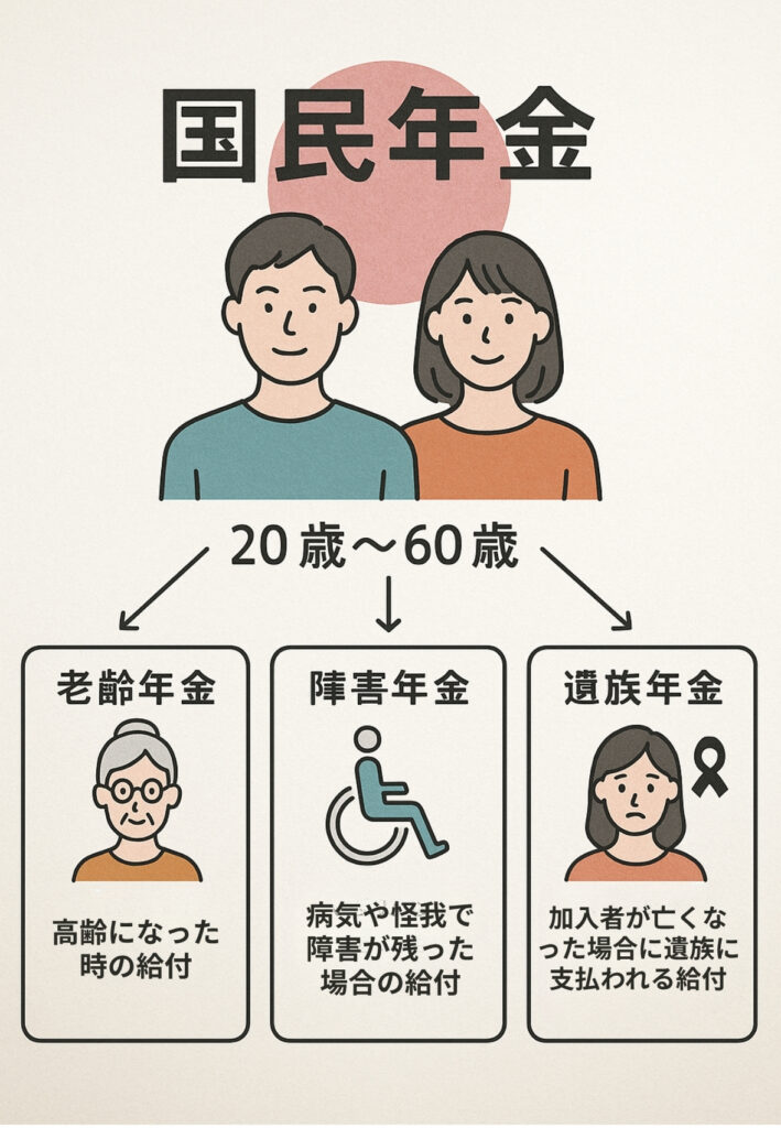 日本の国民年金制度概要図:20歳から60歳が加入し、老齢年金、障害年金、遺族年金といった給付があることを示すイラスト