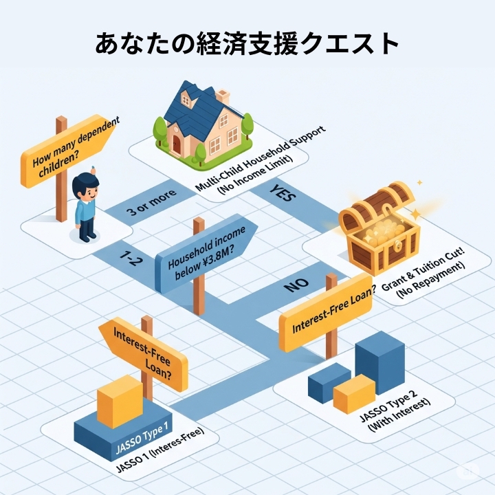 ゲームマップ形式の学費支援制度フローチャート。「子供の人数」や「世帯年収」といった標識の質問に答えて道を進んでいくと、自分に合った「多子世帯支援」や「給付型奨学金」などの選択肢にたどり着く様子が描かれたアイソメトリックイラスト。