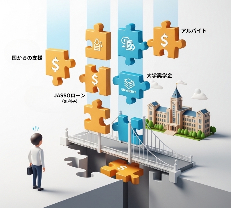 学費支援の仕組みをジグソーパズルで表現したイラスト。「国の支援」「大学の奨学金」「JASSO」などのピースを組み合わせることで、学生から大学へと渡るための橋が完成し、資金計画が成り立つ様子を示している。