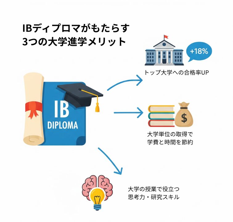 IBディプロマが大学進学で有利になる3つのメリットを図解したイラスト。トップ大学への合格率向上、大学単位の取得による学費と時間の節約、大学の授業で役立つ思考力・研究スキルがアイコンと共に示されている。