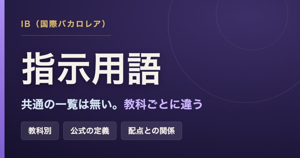 IBの指示用語(Command Terms)は全教科共通の一覧が無く、教科ごとに収録語と分類が違うことを示すアイキャッチ画像